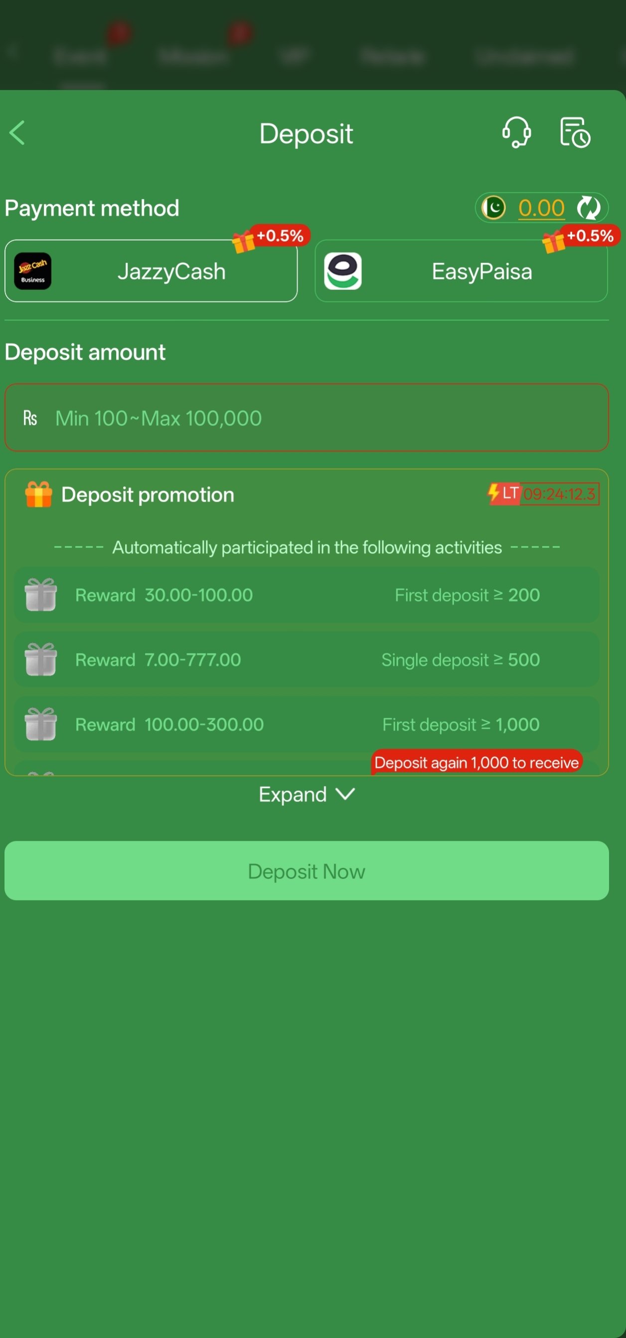 777cx app deposit screen showing JazzCash and EasyPaisa