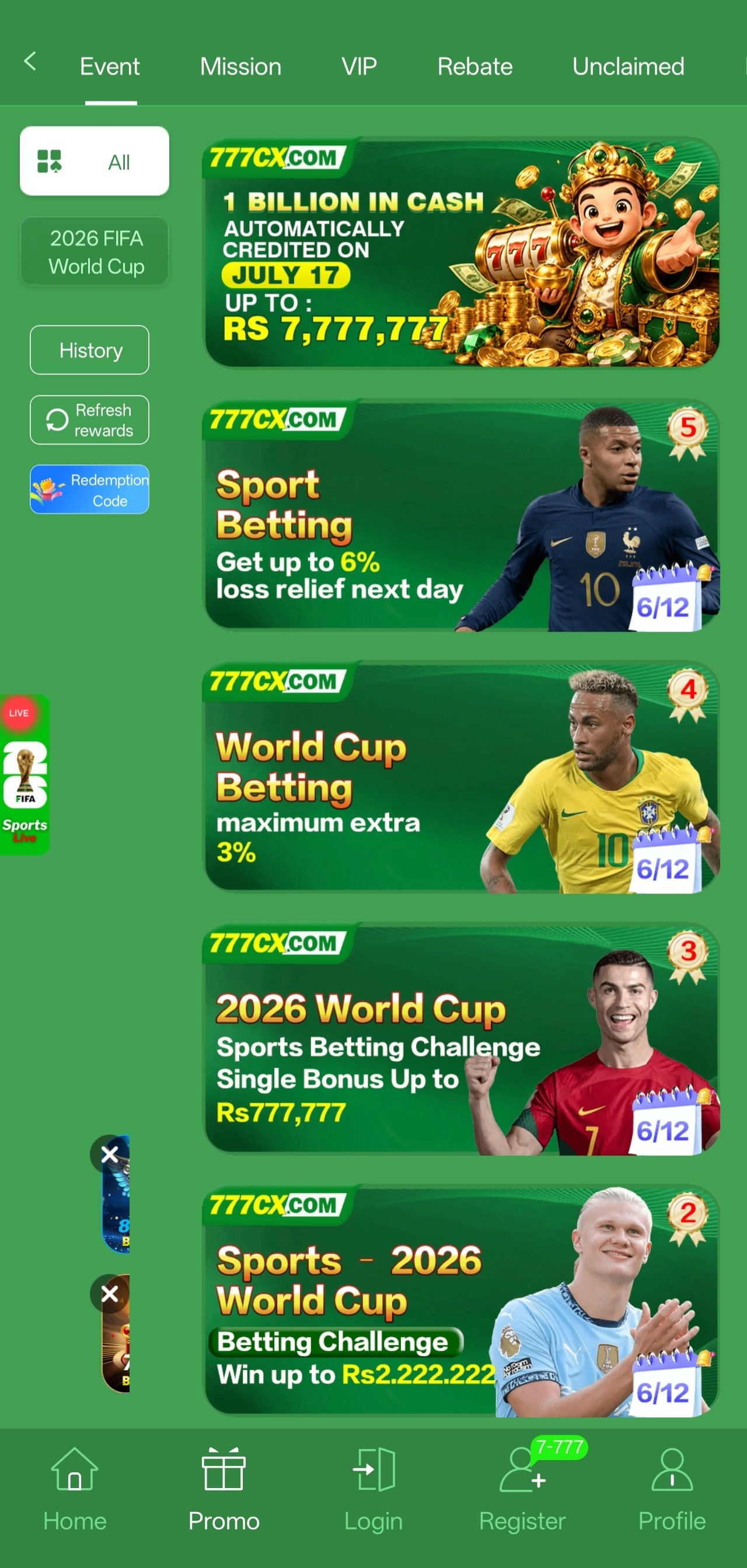 777cx app promotions hub listing cash events and betting challenges